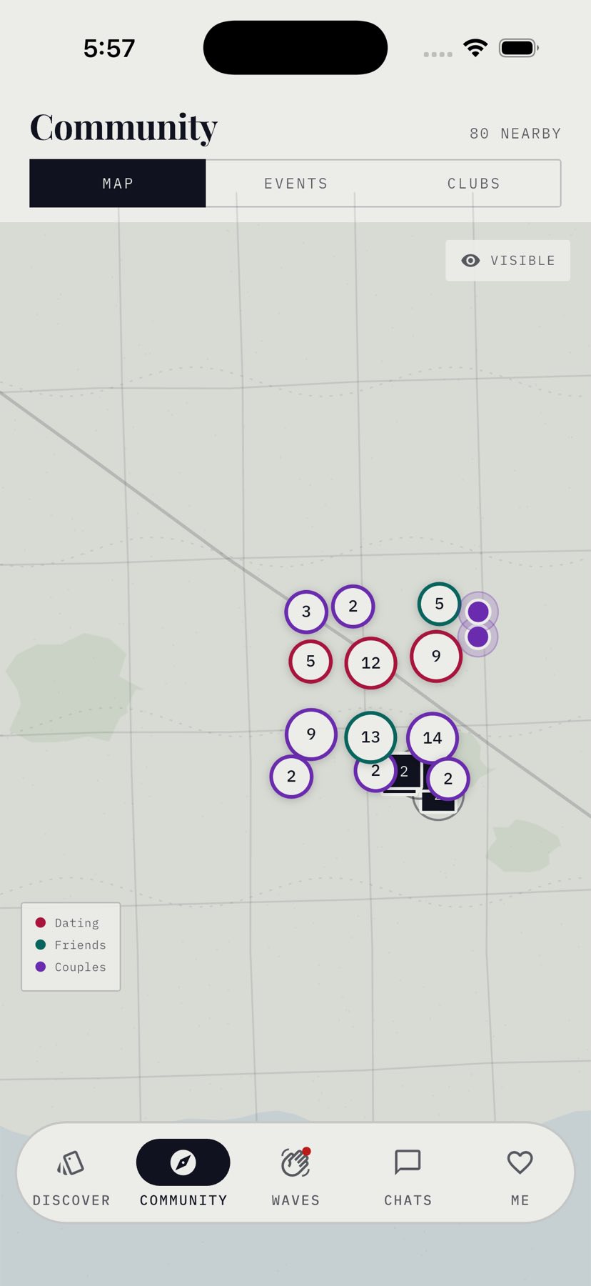 The same map from another account, showing the Dating, Friends and Couples legend and a Post a meetup button