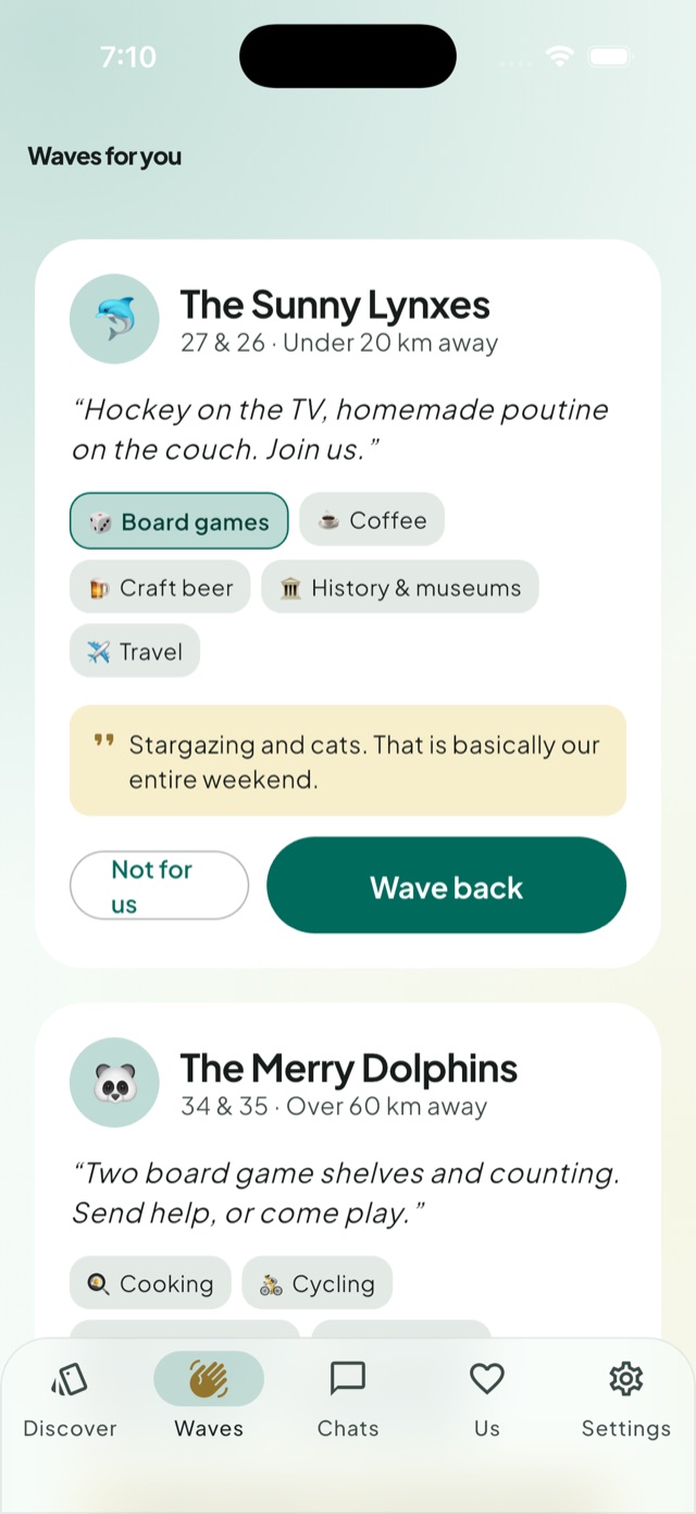 The Waves screen: cards from people who have waved at you, each with a note about something you both like