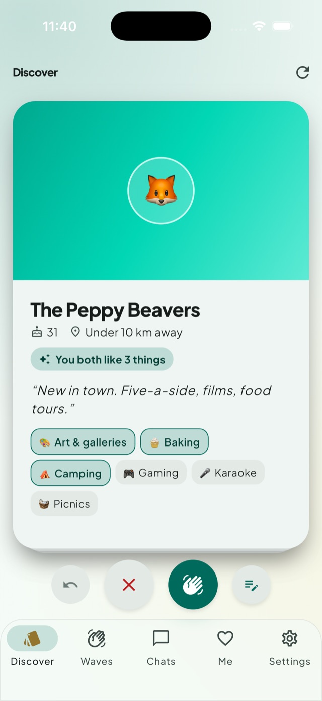 The Discover screen showing someone you match with on shared interests